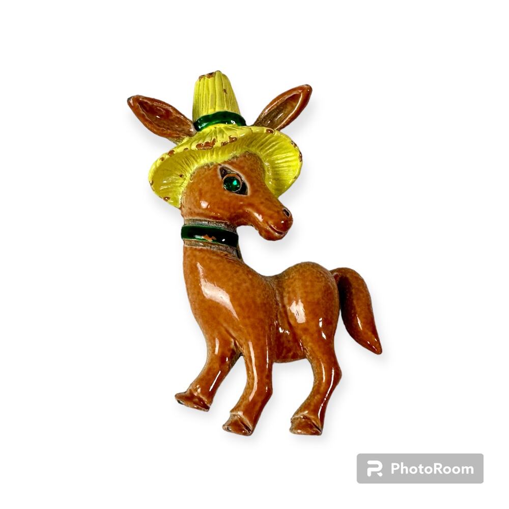 3/$20 Gerry's Donkey Brooch Pin Enamel Metal Vintage Signed 1-3/4” Straw Hat - Picture 2 of 7